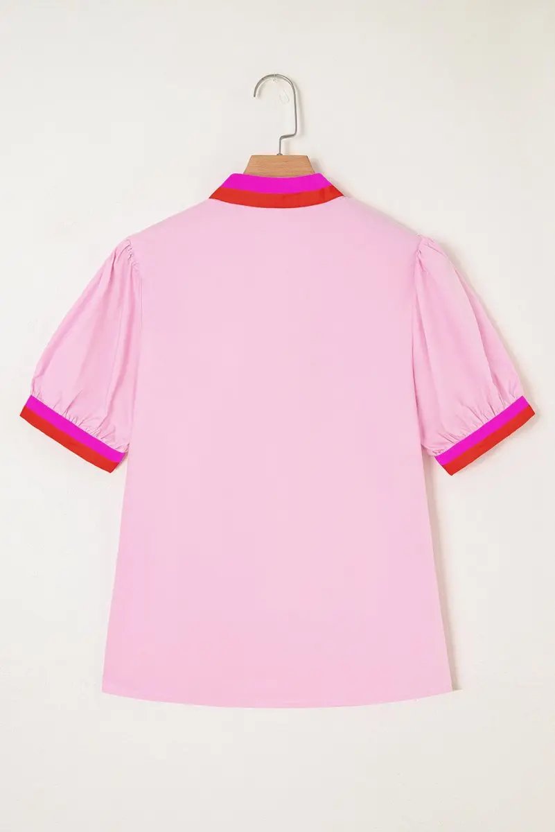Pink Contrast Striped V Neck Puff Sleeve Blouse - Love Salve